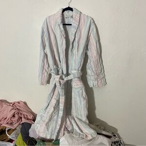 Amanda Stewart vintage pastel striped fluffy thick terry cloth bath robe w tie M
